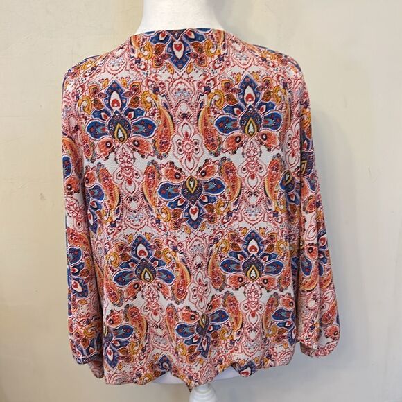 Coco Bianco royal blue red V neck tie waist bat wing blouse Size L EUC - Picture 6 of 8